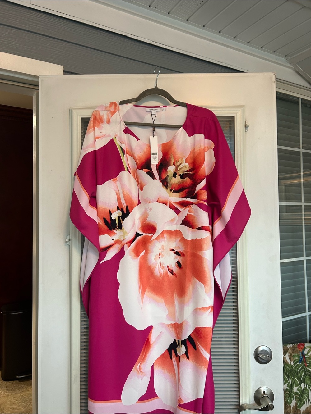 Chico's Fuchsia and Coral Floral Midi Caftan